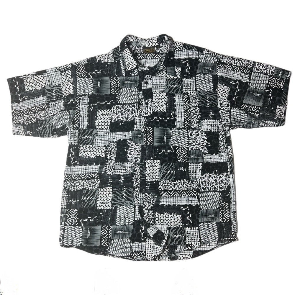 Vintage Monzini Abstract Black Short Sleeve Button Up Polyester Cabana Shirt XL